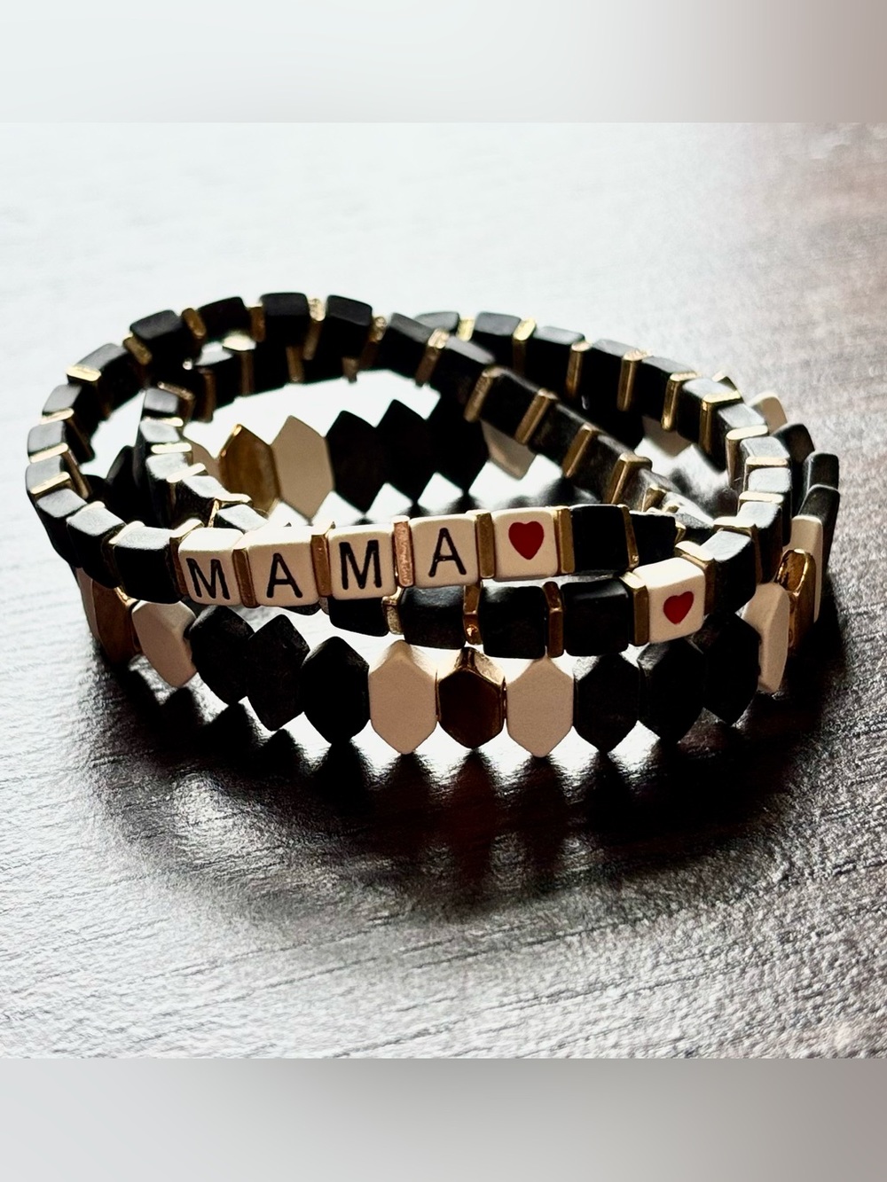 Mama Heart Black & White Stretch Bracelet Set